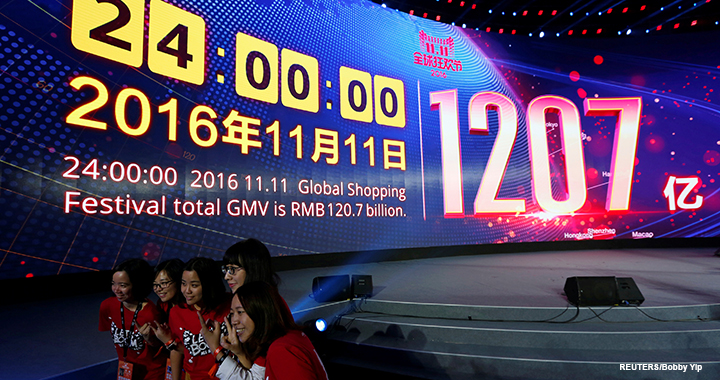 Singles Day, China Attendants celebrate in front of a screen displaying the total value of goods sold during Alibaba Group's 11.11 Singles' Day global shopping festival in Shenzhen, China.