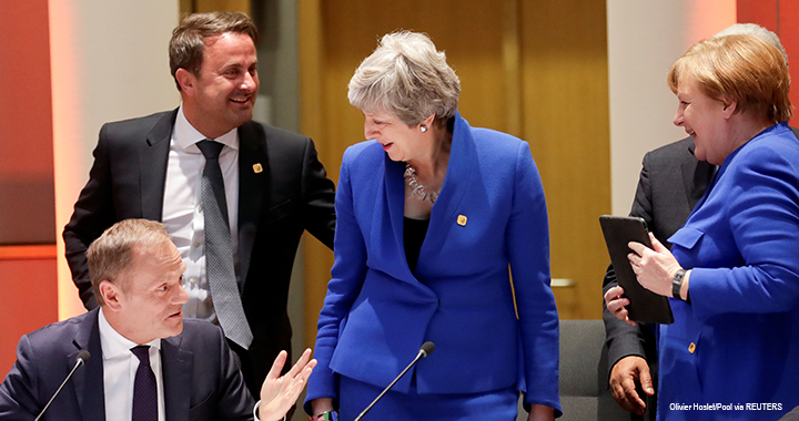 German Chancellor Angela Merkel, Britain's Prime Minister Theresa May, European Council President Donald Tusk, and Luxembourg's Prime Minister Xavier Bettel attend an extraordinary European Union leaders summit to discuss Brexit, in Brussels, Belgium, on 10 April 2019.
