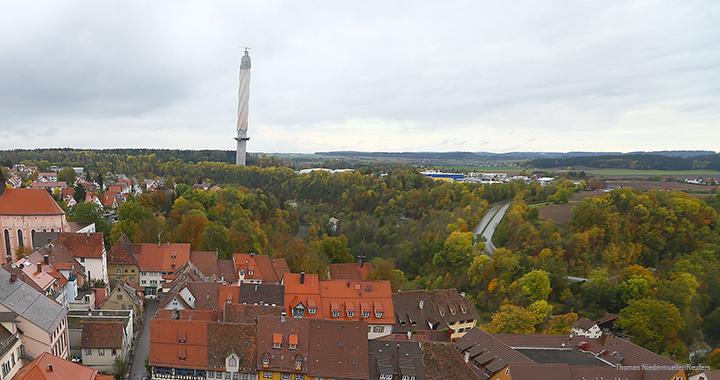 Thyssenkrupp’s 246-metre-tall tower dominates the skyline above Rottweil, Germany.