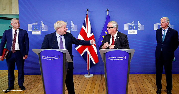 UK Prime Minister Boris Johnson, European Commission President Jean-Claude Juncker, European Union's chief Brexit negotiator Michel Barnier, and Britain's Brexit Secretary Stephen Barclay attend a news conference after agreeing on the Brexit deal, at the sidelines of the European Union leaders summit in Brussels, 17 October 2019.