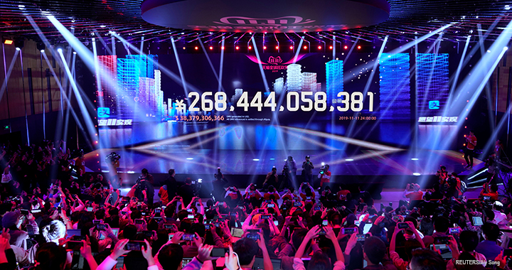 SINGLES-DAY/ALIBABA A screen shows the value of goods being transacted during Alibaba's Singles' Day global shopping festival at the company's headquarters in Hangzhou, China, 12 November 2019.