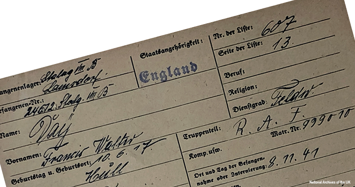 The POW card of RAF Sergeant Francis Walter Day, who was imprisoned at Stalag Luft III, near the Polish town of Zagan. Day completed the Institute's Intermediate Examination Part I in December 1943 while imprisoned at the camp.