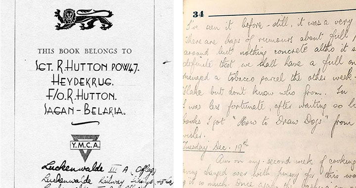 At left: The front page of Hutton’s YMCA logbook detailing the camps where he was a POW. At right: An excerpt from Hutton’s logbook that references his receiving a book titled “How to Draw Dogs” instead of the text books he had waited for.