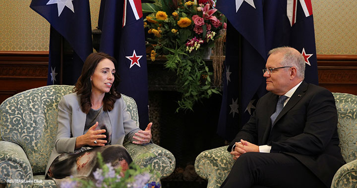 New Zealand Prime Minister Jacinda Ardern meets with Australian Prime Minister Scott Morrison at Admiralty House in Sydney, Australia, 28 February 2020.