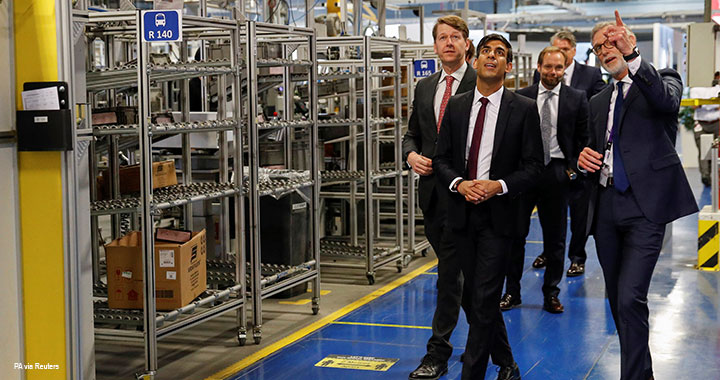 Chancellor of the Exchequer Rishi Sunak speaks to the CEO of Worcester Bosch, Carl Arntzen (right), during his visit to the Worcester Bosch factory, 9 July 2020.