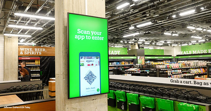 Amazon’s first full-size Go Grocery opened in February in Seattle. Customers scan an app to enter the store, and purchased items are charged to an Amazon account when they leave the store.