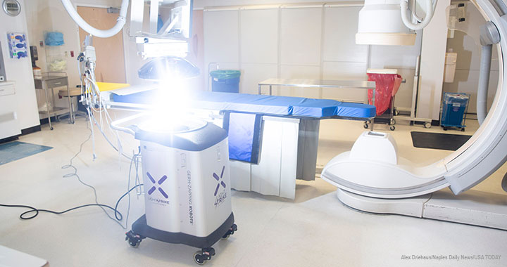 A Xenex LightStrike Germ-Zapping robot uses pulsed xenon ultraviolet light to disinfect a room at NCH Baker Hospital Downtown in Naples, Florida, in the US. Robotics is increasingly being used in various medical applications.