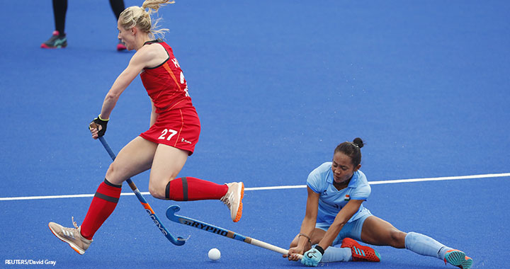 Jo Hunter, left, works a flexible schedule for GlaxoSmithKline that enables her to compete internationally. This photo is from the 2018 Commonwealth Games bronze-medal match against India.