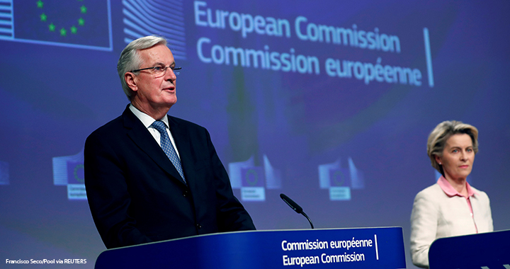 European Union's chief Brexit negotiator Michel Barnier gives a statement on the outcome of the Brexit negotiations next to European Commission President Ursula von der Leyen, in Brussels, Belgium, 24 December 2020.