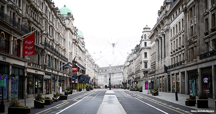 Regent Street in London has been quiet as shops remain closed under restrictions amid the coronavirus pandemic.