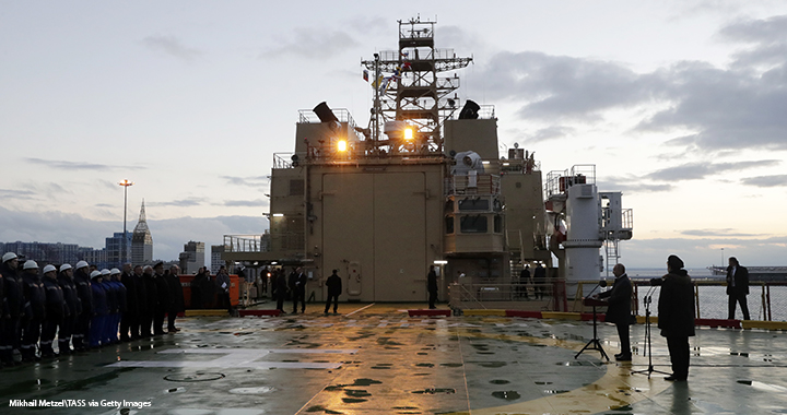 A flag-raising ceremony takes place in St. Petersburg, Russia, in November aboard a new icebreaker intended for use in the Northern Sea Route. A flag-raising ceremony takes place in St. Petersburg, Russia, in November aboard a new icebreaker intended for use in the Northern Sea Route.
