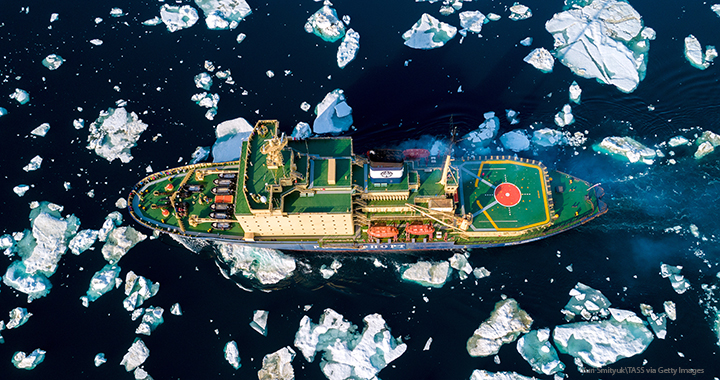 The Kapitan Khlebnikov Russian icebreaker in the Preobrazheniya Bay in July 2019