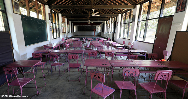A view of an empty classroom after the government issued an order to close all schools in the country as its first coronavirus case was confirmed, in Colombo, Sri Lanka, 13 March 2020.
