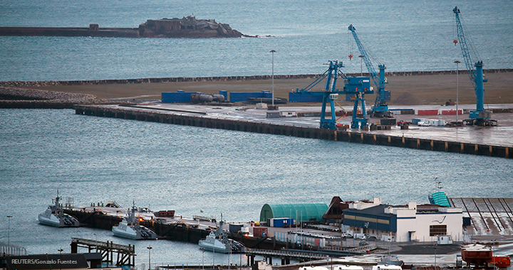 Port cranes are are seen at Cherbourg Harbour, France