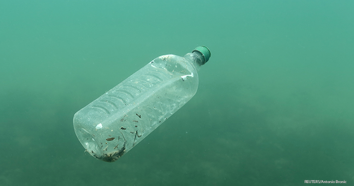 A plastic bottle is seen floating in the Adriatic sea off the island of Mljet, Croatia, 30 May 2018.