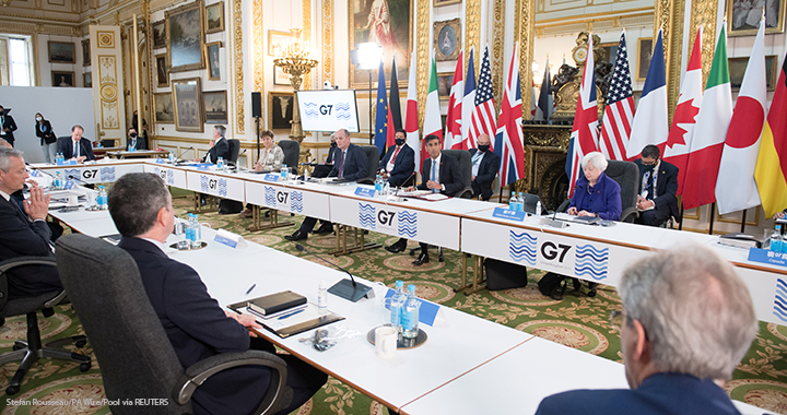 Britain's Chancellor of the Exchequer Rishi Sunak speaks at a meeting of finance ministers from across the G7 nations ahead of the G7 leaders' summit, at Lancaster House in London, 4 June 2021.