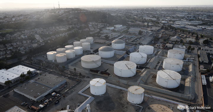Oil storage containers are seen, amid the COVID-19 pandemic, in Los Angeles, California, US, 7 April 2021.