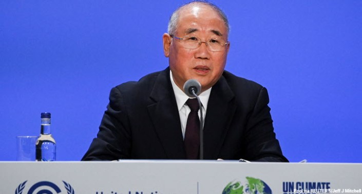 China's chief climate negotiator Xie Zhenhua speaks during a joint China and US statement on a declaration enhancing climate action, during the COP26 climate conference in Glasgow, UK 10  November 2021.