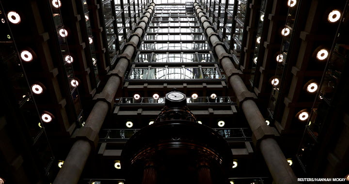 The interior of the Lloyd's of London building in the City of London financial district, 16 April 2019.