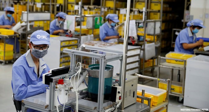 Employees wearing face masks work at a factory of the component maker SMC in Beijing, China. Chinese factory surveys, both official and private sector, showed activity in expansionary territory, but China's official PMI remains well below its pre-pandemic average.