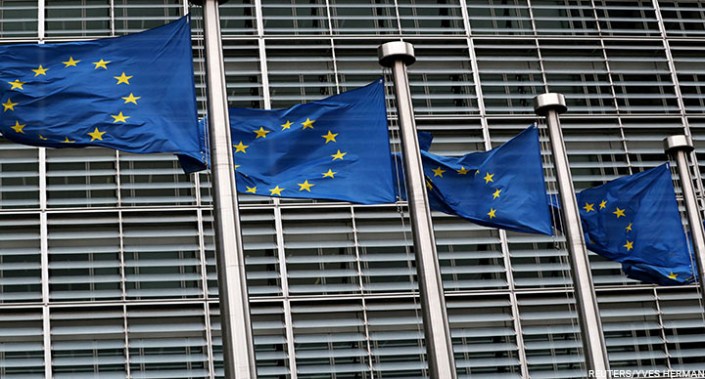 European Union flags fly outside the European Commission headquarters in Brussels, Belgium, 6 March 2019.