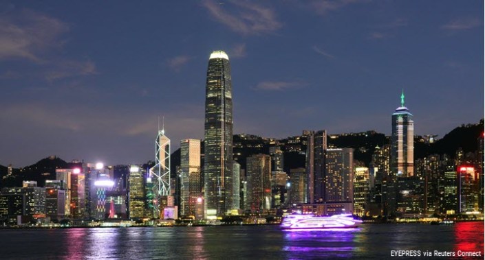 A night view of the Hong Kong skyline across the Victoria Harbour from West Kowloon on 15 July 2022.