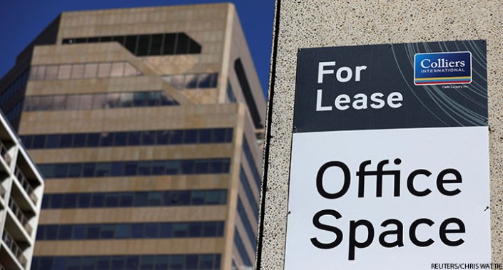 A sign advertising office space for lease is seen in Calgary, Alberta, Canada, 17 April 2019.
