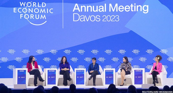 World Economic Forum Geneva Managing Director Saadia Zahidi, Dean at the Paris School of International Affairs (PSIA) Arancha Gonzalez Laya, Governor of the State of Michigan Gretchen Whitmer, Leader of the Democratic Forces of Belarus Sviatlana Tsikhanouskaya, and journalist and activist Masih Alinejad attend the session "Women's Leadership: Towards Parity in Power" during the World Economic Forum 2023 at Davos, Switzerland, 19 January 2023.