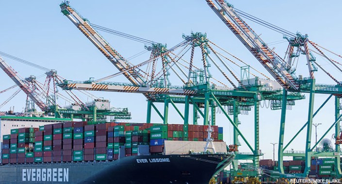 A container ship at the Port of Los Angeles in Los Angeles, California, US, 22 November 2021.