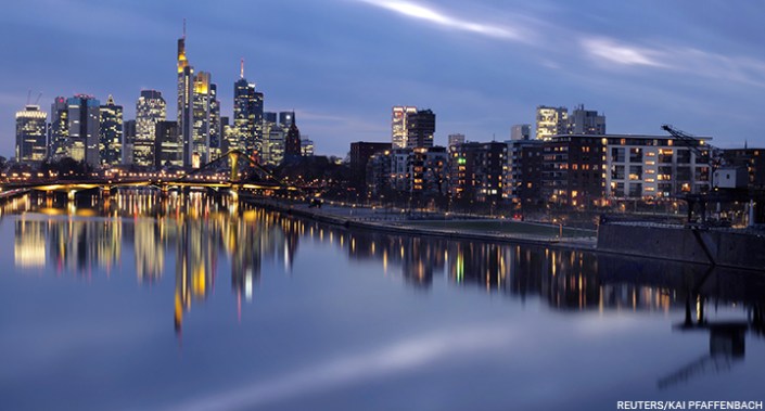 The Frankfurt, Germany skyline with its financial district, photographed 14 January 2021.