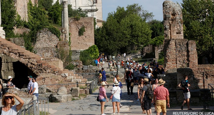 Tourists walk in the Roman Forum in Rome, Italy, 29 August 2019.
