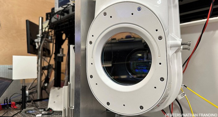 A terminal device to deliver internet with mirrors and lasers created by Taara, a project in Alphabet's so-called “moonshot factory” X, is seen in a lab in Mountain View, California, US, 22 June 2023.