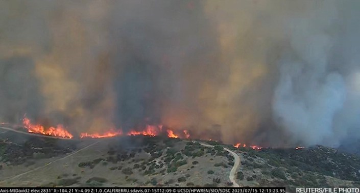 The Rabbit Fire burns in Riverside County, California, US, 15 July 2023 as seen in this screen grab taken from a timelapse video.