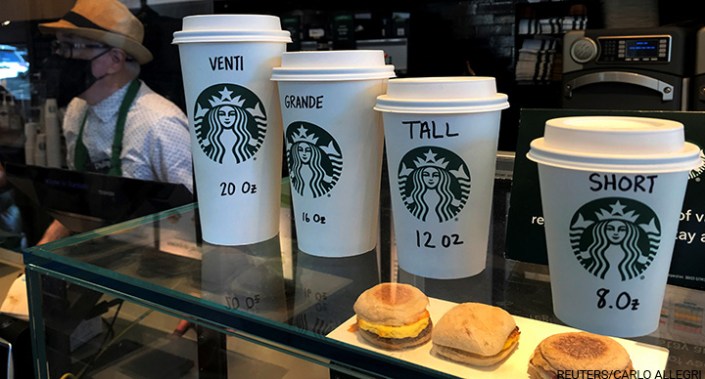 Starbucks cups are pictured on a counter in the Manhattan borough of New York City, New York, US, 16 February 2022.