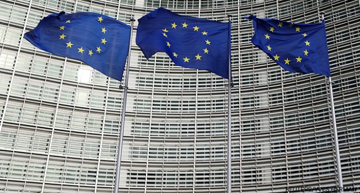 EU flags fly outside the European Commission in Brussels, Belgium, on 8 November 2023.