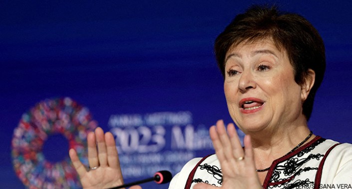 International Monetary Fund managing director Kristalina Georgieva addresses the media at the annual meeting of the IMF and the World Bank, in Marrakech, Morocco, on 12 October 2023.