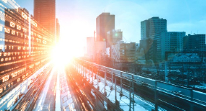Abstract image of digital numbers on high-speed track into sunlight.